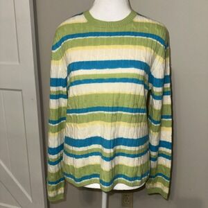 Vintage 90s Y2K Investments Sweater M Green Striped Fine Cashmere Pullover